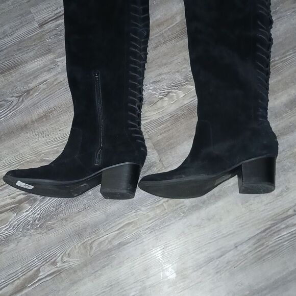 ALDO Bresa suede black over the knee lace laced back block heel boots Sz 6.5 - Picture 2 of 8